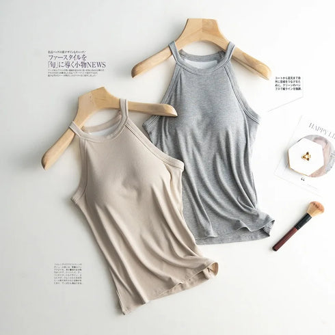 Slim Halter Neck Off-Shoulder Camisole Tops for Women - Stylish Solid Tank Tees with Chest Pad for Comfortable Summer Wear
